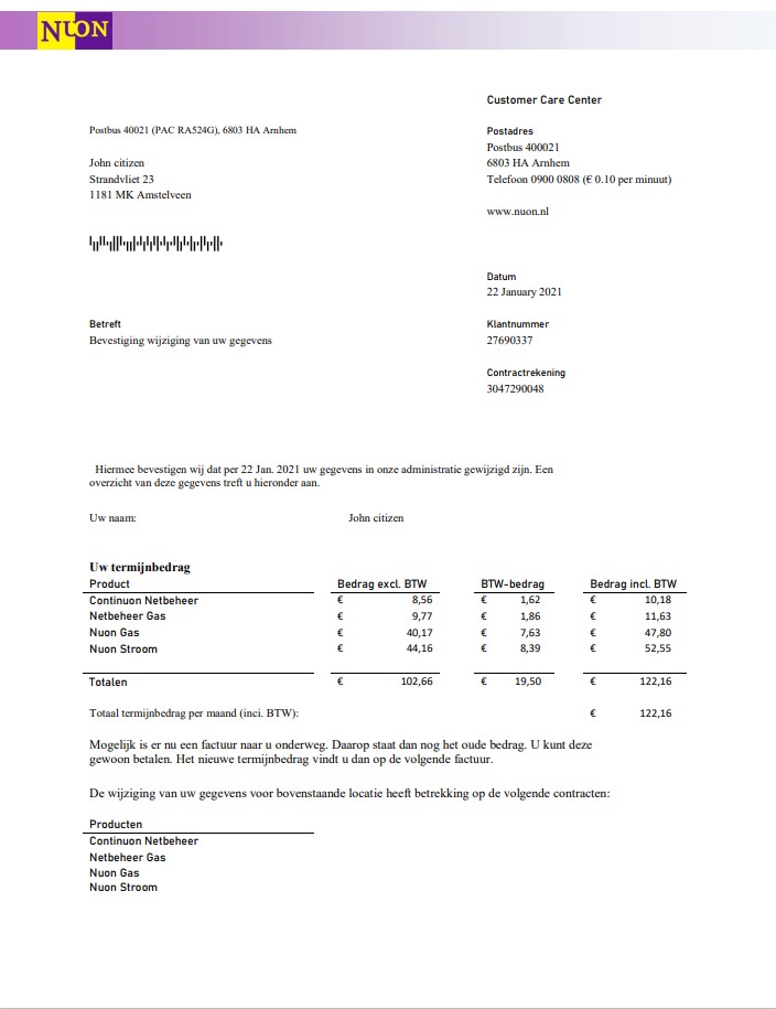 Netherlands NUON gas utility bill template in Word and PDF format in Dutch language